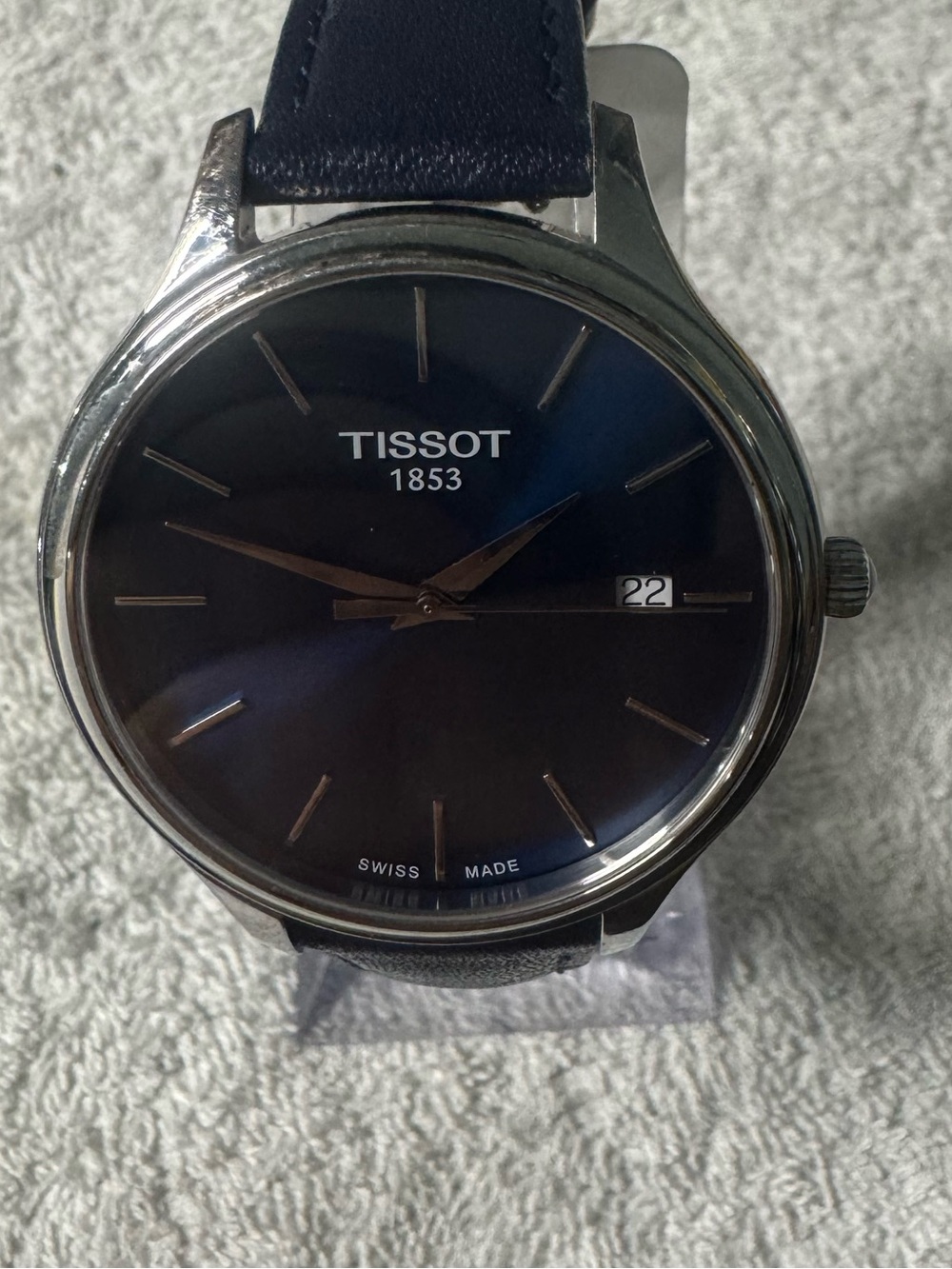 Tissot Watch with Black Leather Strap and Silver Clasp